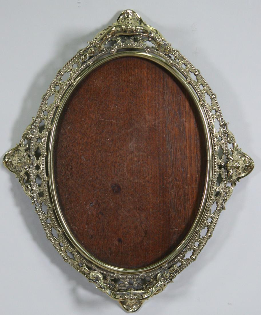 ANTIQUE BRASS & WOOD TRAY: ANTIQUE BRASS & WOOD TRAY. CENTER WOULD HAVE HAD A MIRROR. Height: 3 in. by Width: 16 in. by Depth: 14