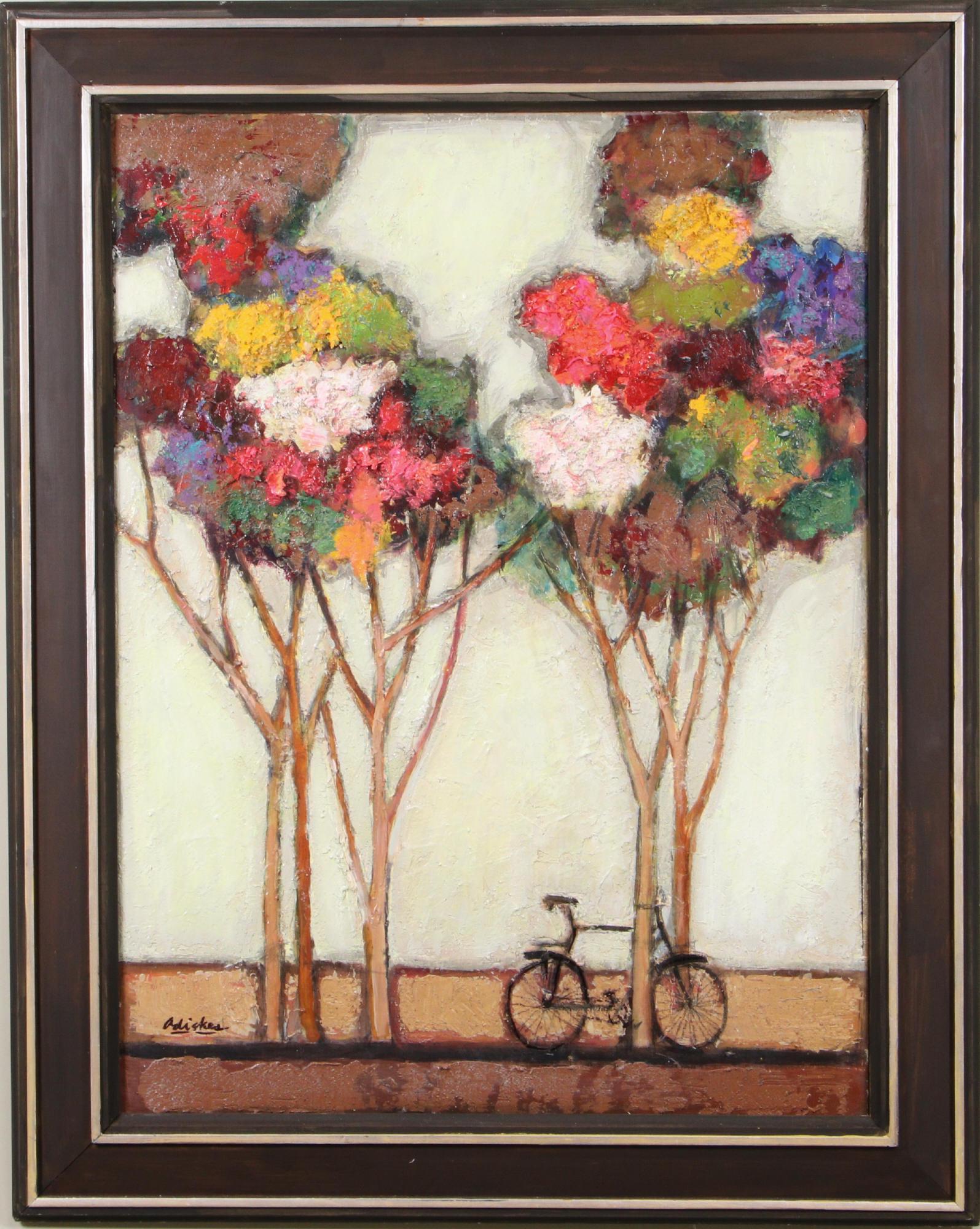 DAVID ADICKES "SPRING TREES, ONE BIKE": DAVID ADICKES "SPRING TREES, ONE BIKE" ACRYLIC ON CANVAS. Height: 36 in. by Width: 29 in.