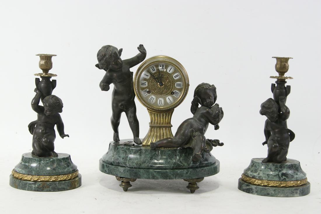 THREE PIECE VINTAGE MANTLE CLOCK & CANDELABRA SET (1 of 9)