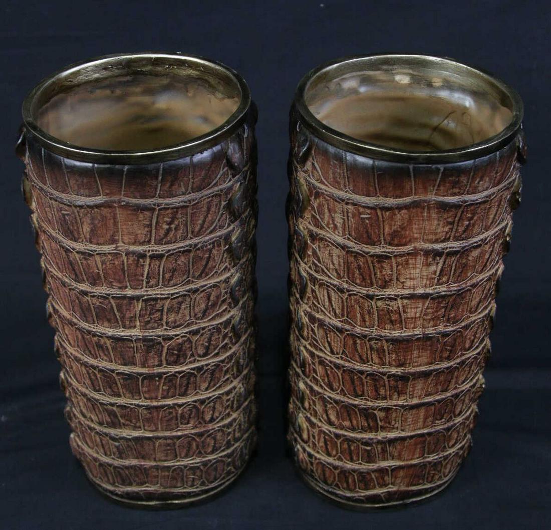 PAIR OF CROCODILE PATTERN CYLINDER SHAPED VASES (1 of 2)