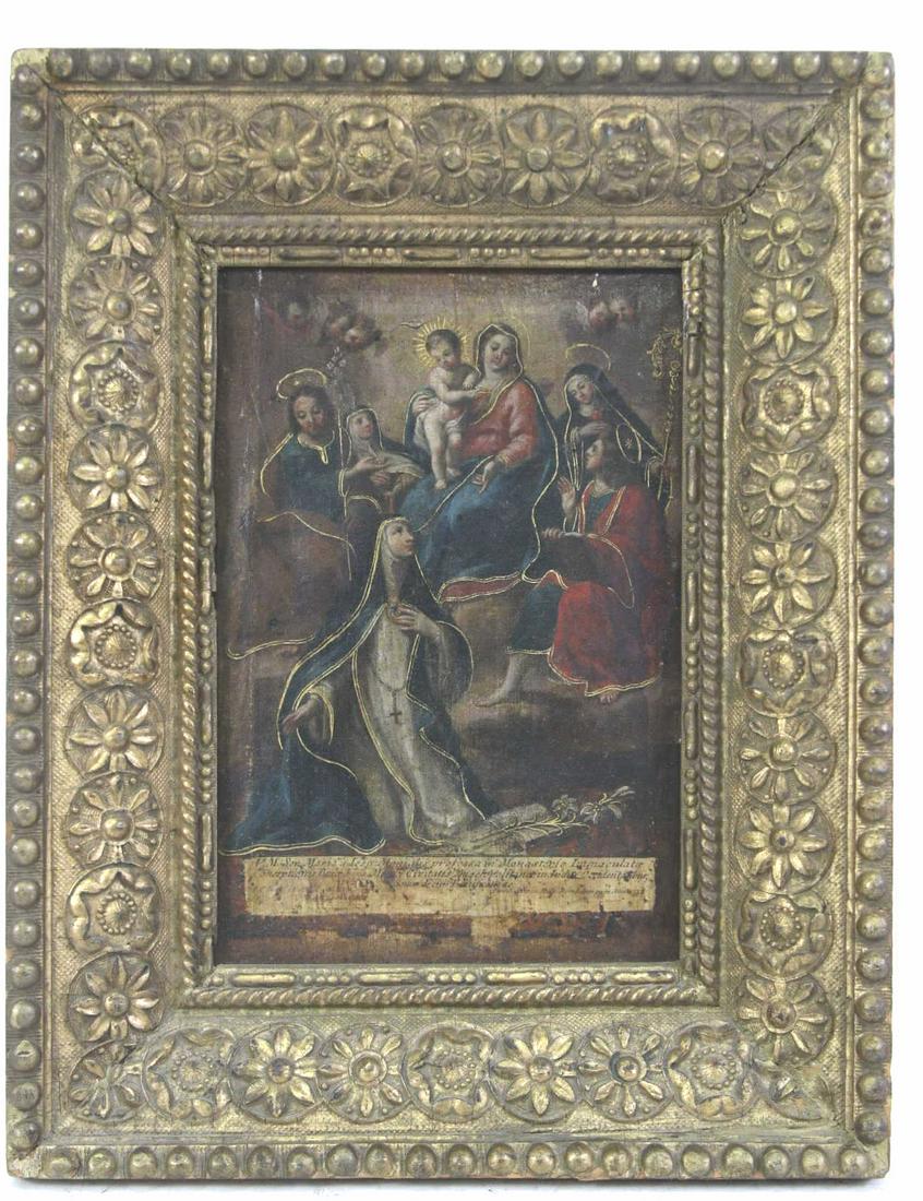 16th CENTURY SPANISH BAROQUE MARY QUEEN OF HEAVEN: 16th CENTURY SPANISH BAROQUE MARY QUEEN OF HEAVEN OIL ON CANVAS IN BEAUTIFUL GILDED FRAME. Height: 14.5 in. by Width: 11.5 in.