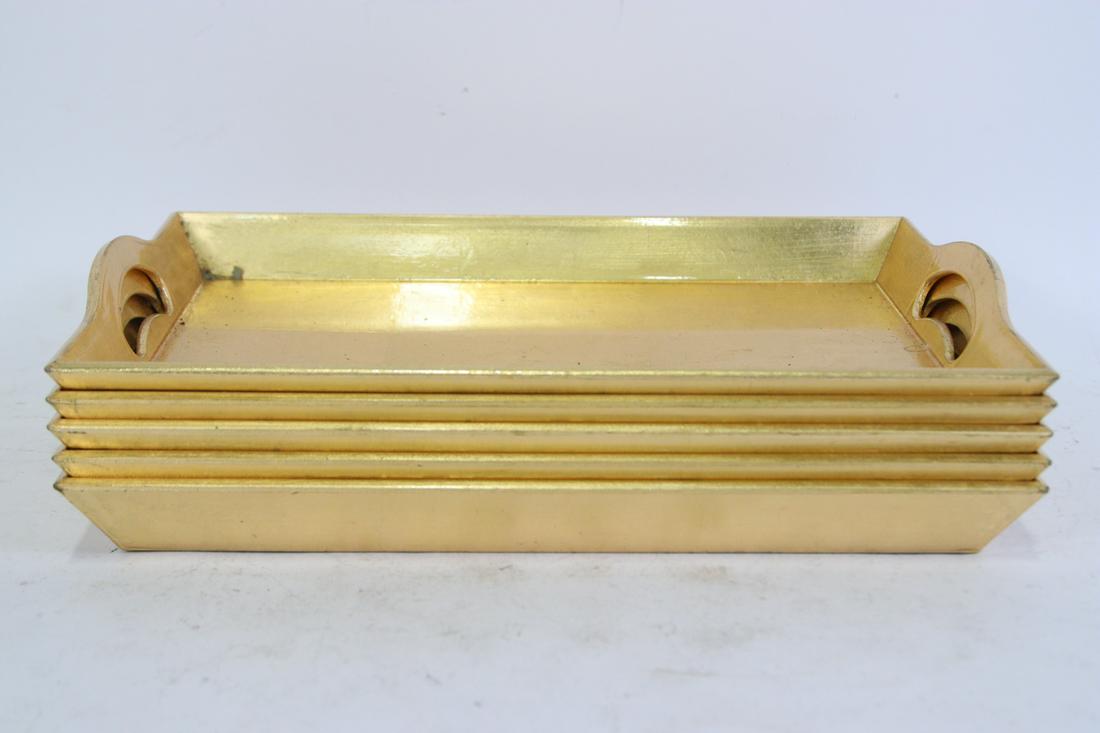 SET OF FIVE GOLD COLORED SERVER TRAYS: SET OF FIVE GOLD COLORED SERVER TRAYS Height: 2.5 in. by Width: 16.5 in. by Depth: 11
