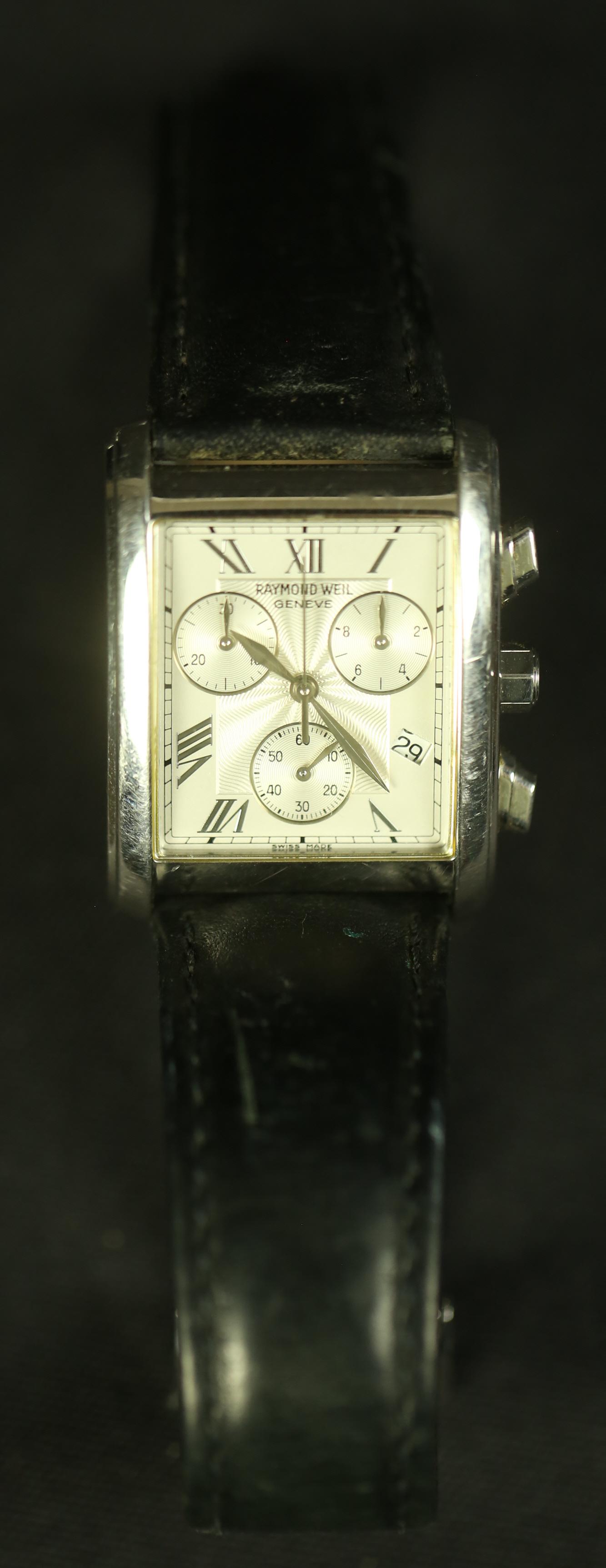 RAYMOND WEIL CHRONO 4873 STAINLESS STEEL Watch: PRE-OWNED RAYMOND WEIL DON GIOVANNI CHRONOGRAPH 4873 STAINLESS STEEL WATCH ON BLACK STRAP - NICE CONDITION