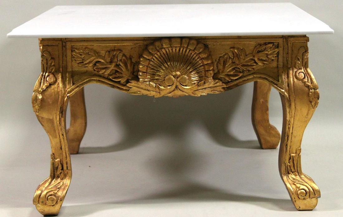 PAIR OF MARBLE TOP END TABLES: PAIR OF MARBLE TOP END TABLES ON CARVED & GILDED BASES. Height: 18.5 in. by Width: 30 in. by Depth: 30