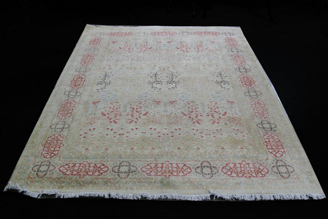 HAND KNOTTED PERSIAN TURKISH OUSHAK WOOL RUG: HAND KNOTTED PERSIAN TURKISH OUSHAK WOOL RUG IN SOFT MULTICOLORS. Height: 9 ft. 0 in. by Width: 6 ft. 0 in.