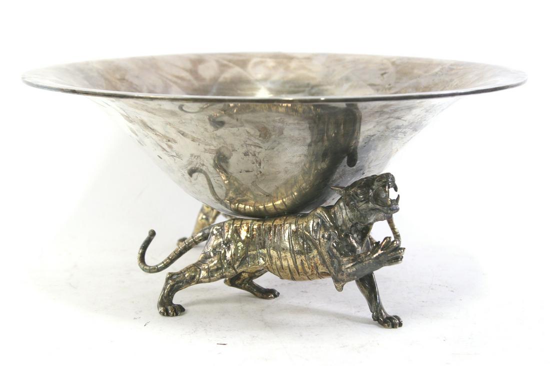 MAPPIN & WEBB STERLING SILVER FOOTED BOWL: MAPPIN & WEBB STERLING SILVER FOOTED BOWL SUPPORTED BY TWO TIGERS. 5,500 GRAMS Height: 8 in. by Width: 18 in. by Depth: 18