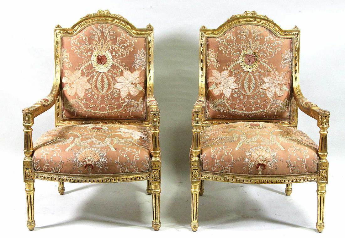 PAIR MARGE CARSON FRENCH SILK UPHOLSTERED BERGERES: PAIR OF MARGE CARSON FRENCH SILK UPHOLSTERED BERGERES WITH CARVED & GILDED FRAMES. Height: 41.5 in. by Width: 26 in. by Depth: 23.5