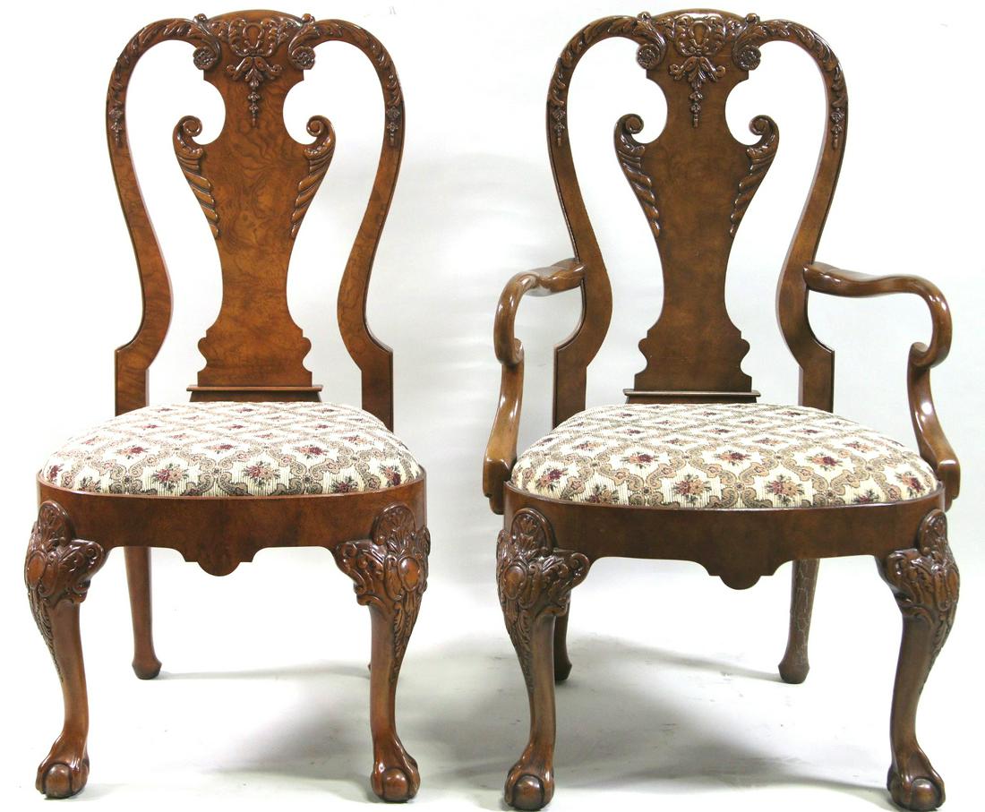 SET OF EIGHT BAKER QUEEN ANNE STYLE WALNUT CHAIRS: SET OF EIGHT BAKER QUEEN ANNE STYLE WALNUT ON BALL AND CLAW FEET CHAIRS. 2 ARM. 6 SIDE. Height: 41 in. by Width: 25 in. by Depth: 20