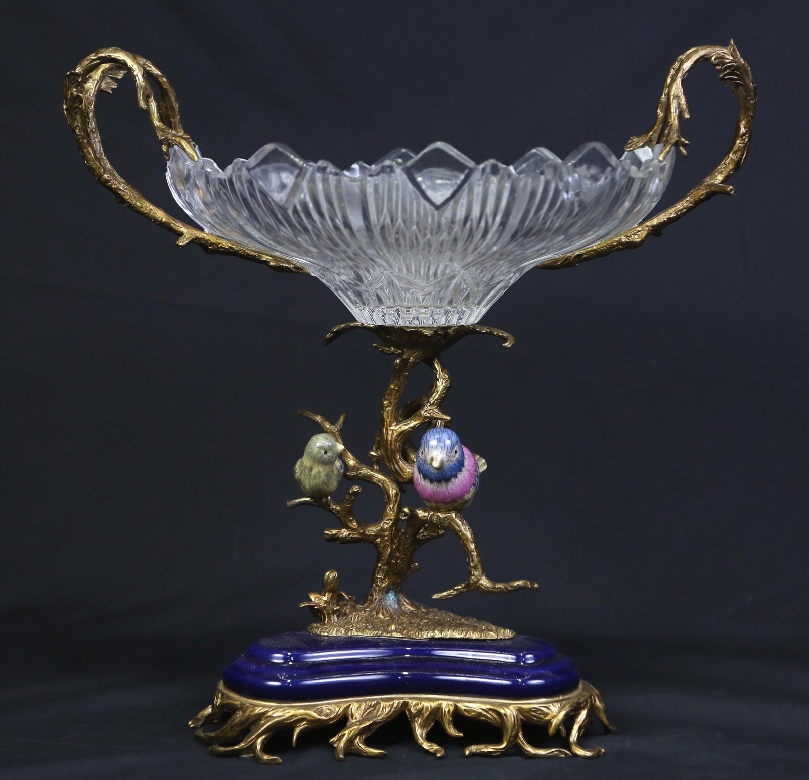 BRASS, GLASS & PORCELAIN CENTERPIECE: BRASS, GLASS & PORCELAIN CENTERPIECE. Height: 15 in. by Width: 15 in. by Depth: 11.5 in.