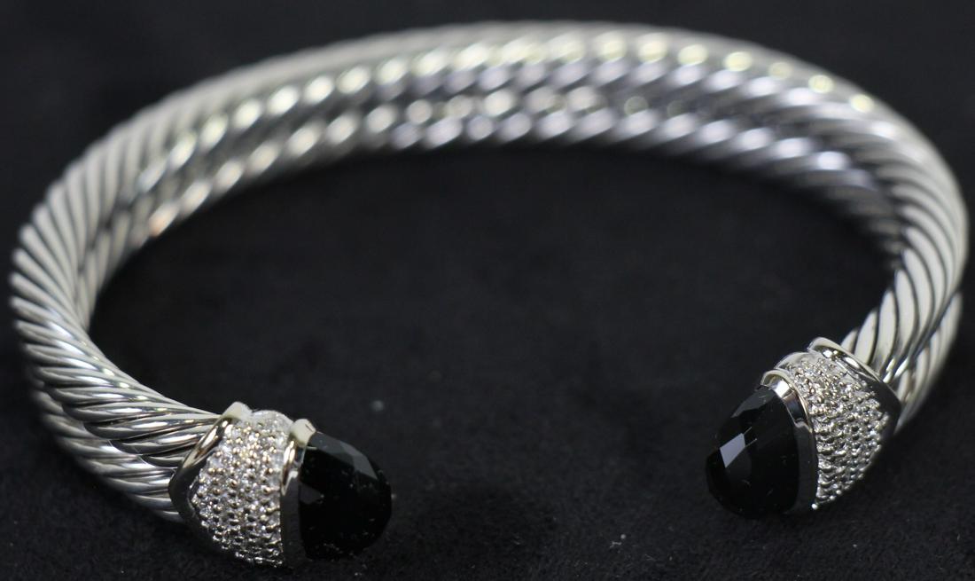 DAVID YURMAN DOUBLE STRAND SILVER BRACELET: DAVID YURMAN DOUBLE STRAND STERLING SILVER BRACELET WITH BLACK ONYX & DIAMONDS