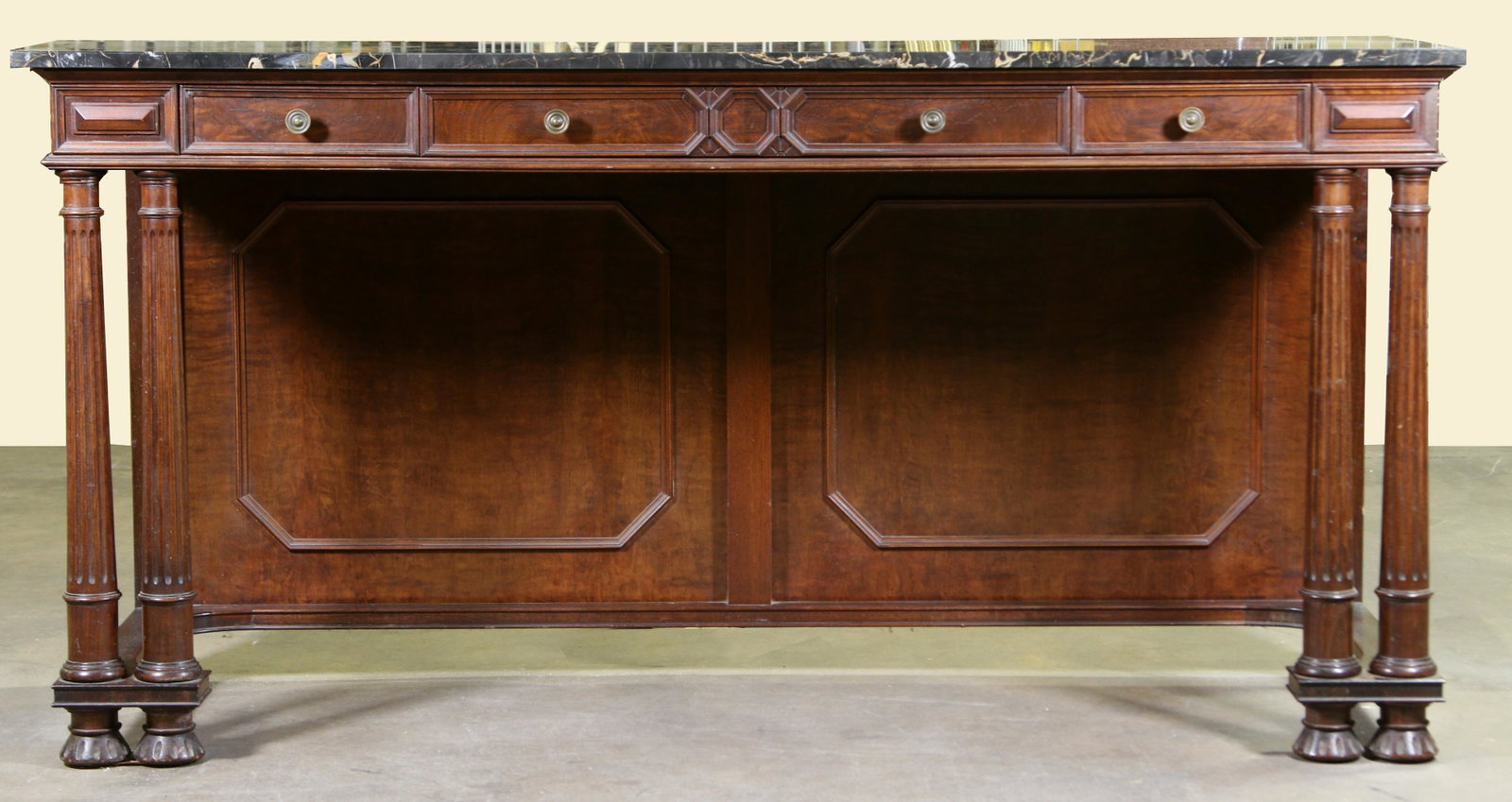CIRCA 1900 VARIEGATED MARBLE TOP CONSOLE TABLE: CIRCA 1900 VARIEGATED MARBLE TOP CONSOLE TABLE WITH THREE DRAWERS ON FOUR FLUTED COLUMNS WITH PANELED BACKS. Height: 36 in. by Width: 72 in. by Depth: 22 in.