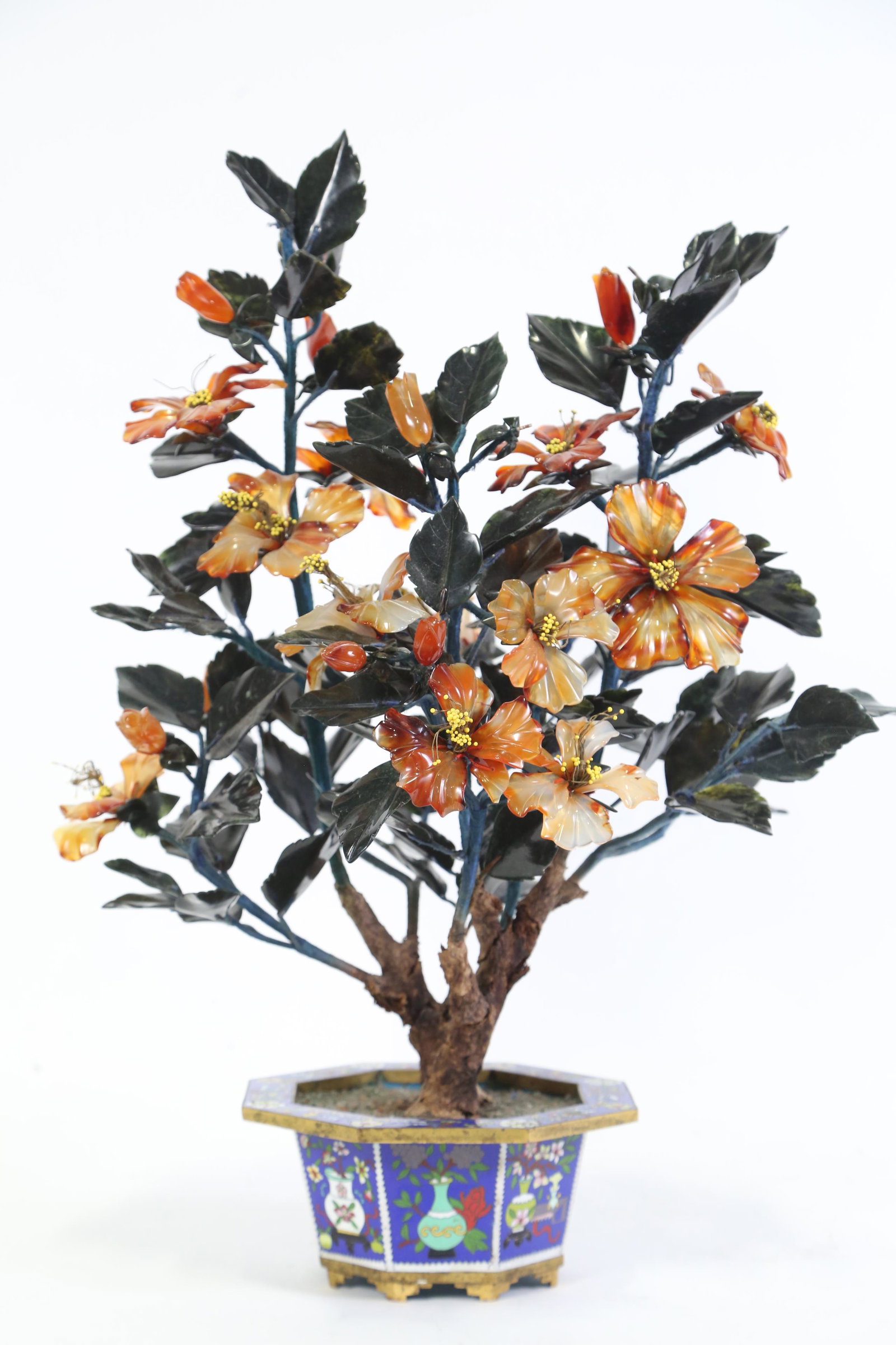 VINTAGE JADE, ROSE QUARTZ & CORNELIAN TREE: VINTAGE JADE, ROSE QUARTZ & CORNELIAN TREE WITH JADEITE LEAVES IN CLOISONNE BOWL. Height: 22 in. by Width: 16 in. by Depth: 14