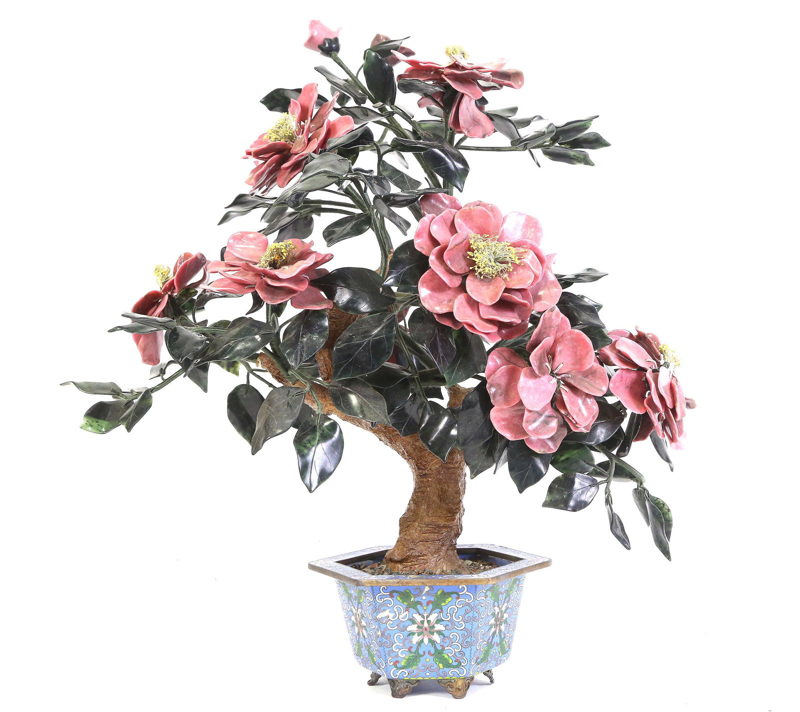 VINTAGE LARGE JADE TREE WITH CLOISONNE' BOWL: VINTAGE LARGE JADE TREE WITH JADEITE AND ROSE MARBLE. CLOISONNE' BOWL. Height: 23 in. by Width: 21 in. by Depth: 14