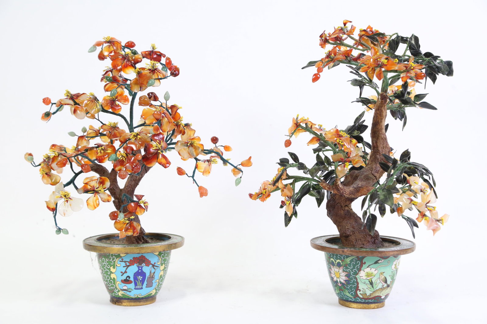VINTAGE PAIR OF CORNELIAN & JADEITE TREES: VINTAGE PAIR OF CORNELIAN & JADEITE FLOWERING TREES IN CLOISONNE BOWLS. Height: 17 in. by Width: 13 in. by Depth: 12