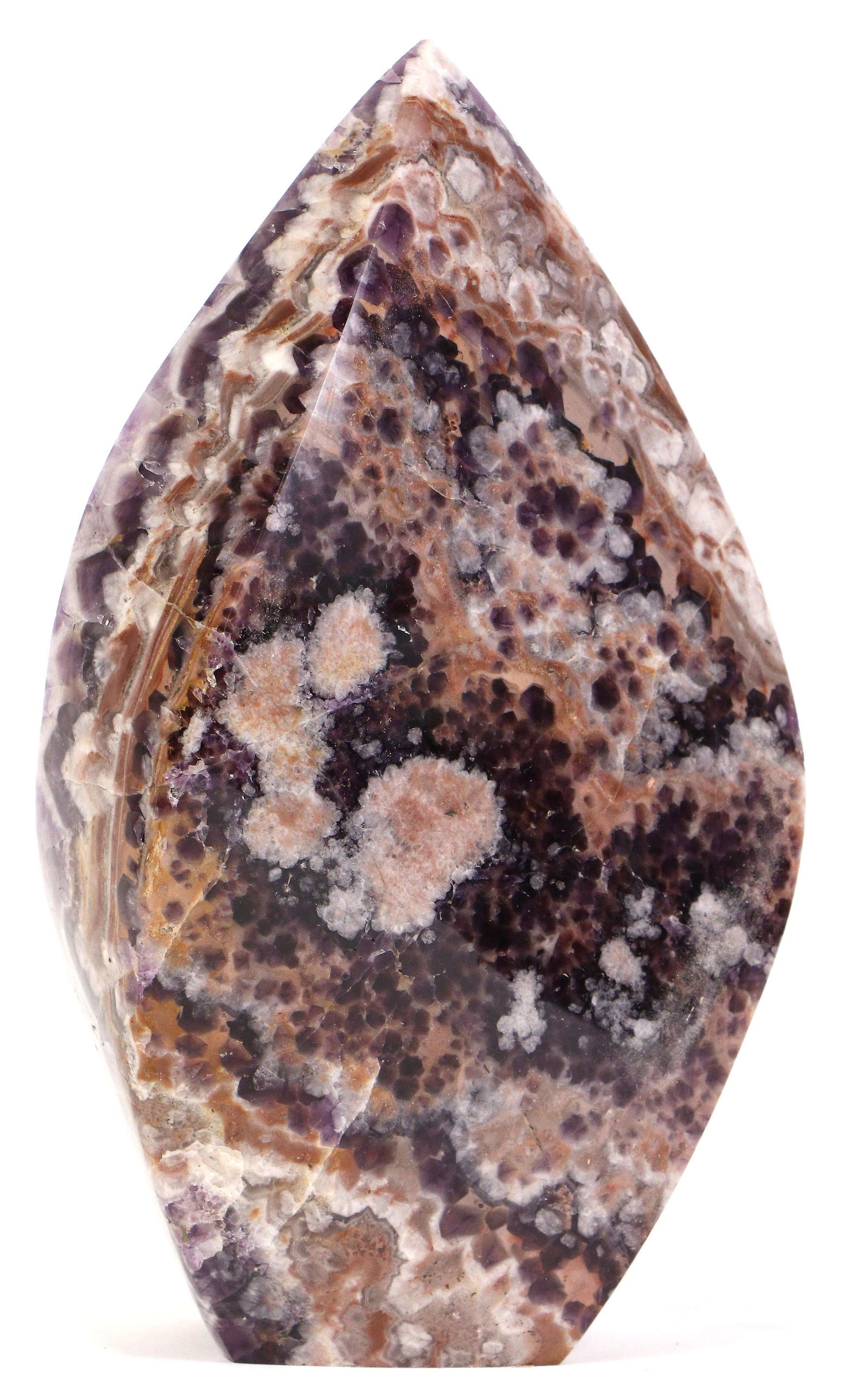 CHEVRON AMETHYST FLAME OBELISK: CHEVRON AMETHYST FLAME OBELISK - 5.8LBS Height: 8 in. by Width: 5 in. by Depth: 2