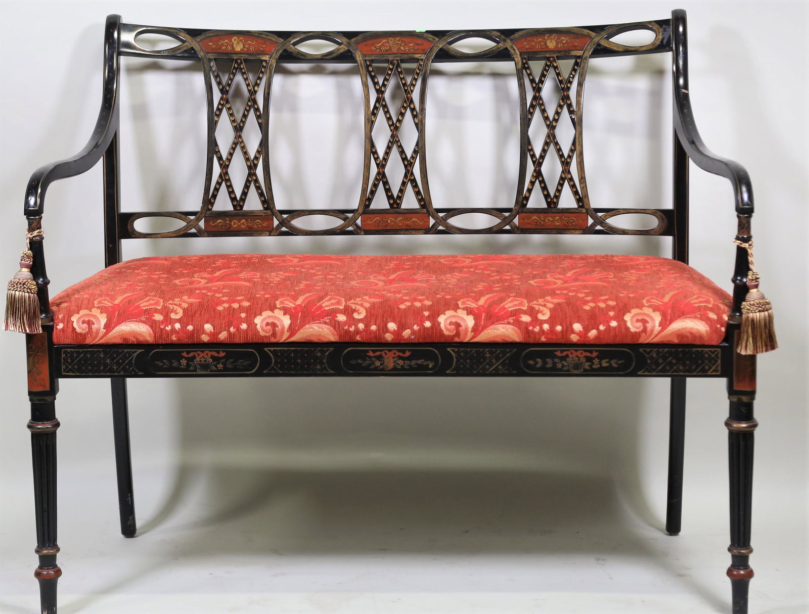 SOUTHHAMPTON FURNITURE REGENCY STYLE SETTEE: SOUTHHAMPTON FURNITURE REGENCY STYLE EBONIZED SETTEE. Height: 34 in. by Width: 43 in. by Depth: 17