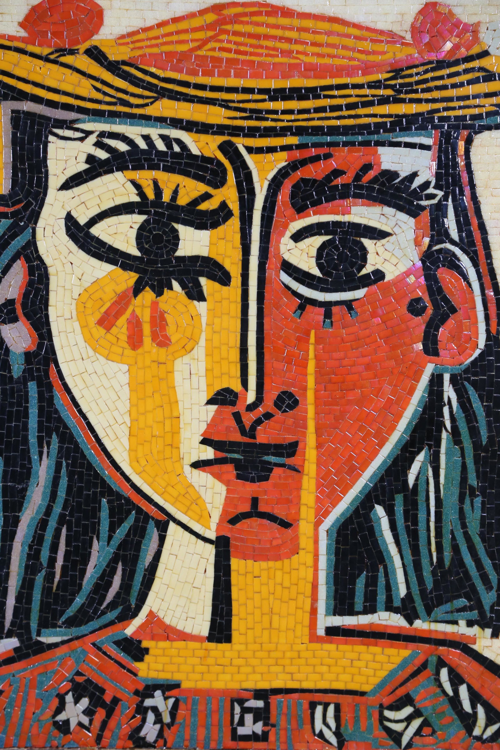HOMAGE TO PICASSO ARTIST MADE MOSAIC TILE FEMALE: HOMAGE TO PICASSO ARTIST MADE MOSAIC TILE FEMALE WITH HAT. Height: 42 in. by Width: 37