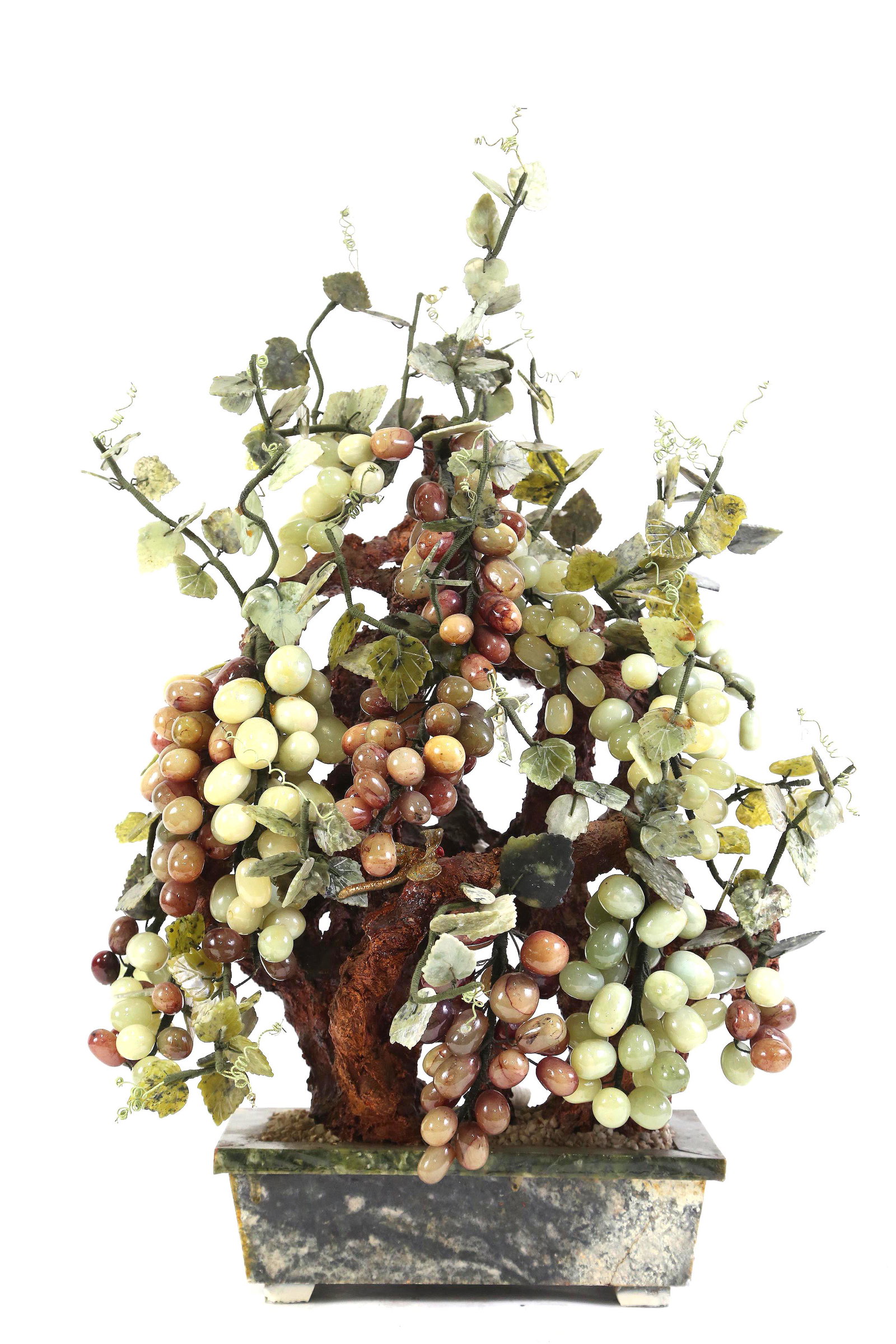 JADE, SERPENTINE, ONYX TREE ON JADEITE BASE: JADE, SERPENTINE, ONYX TREE ON JADEITE BASE. Height: 29 in. by Width: 20 in. by Depth: 14