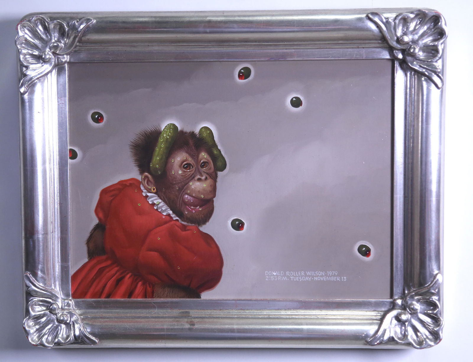 DONALD ROLLER WILSON "COOKIE WAS CONTENT...": DONALD ROLLER WILSON "COOKIE WAS CONTENT WITH THE TWO SWEET GERKINS, BUT SHE DID CONSIDER THE OLIVES" - 2:53PM TUESDAY NOVEMBER 13 1979. OIL ON CANVAS PAINTING Height: 16 & 11 1/4 in. by Width: 20 & 1