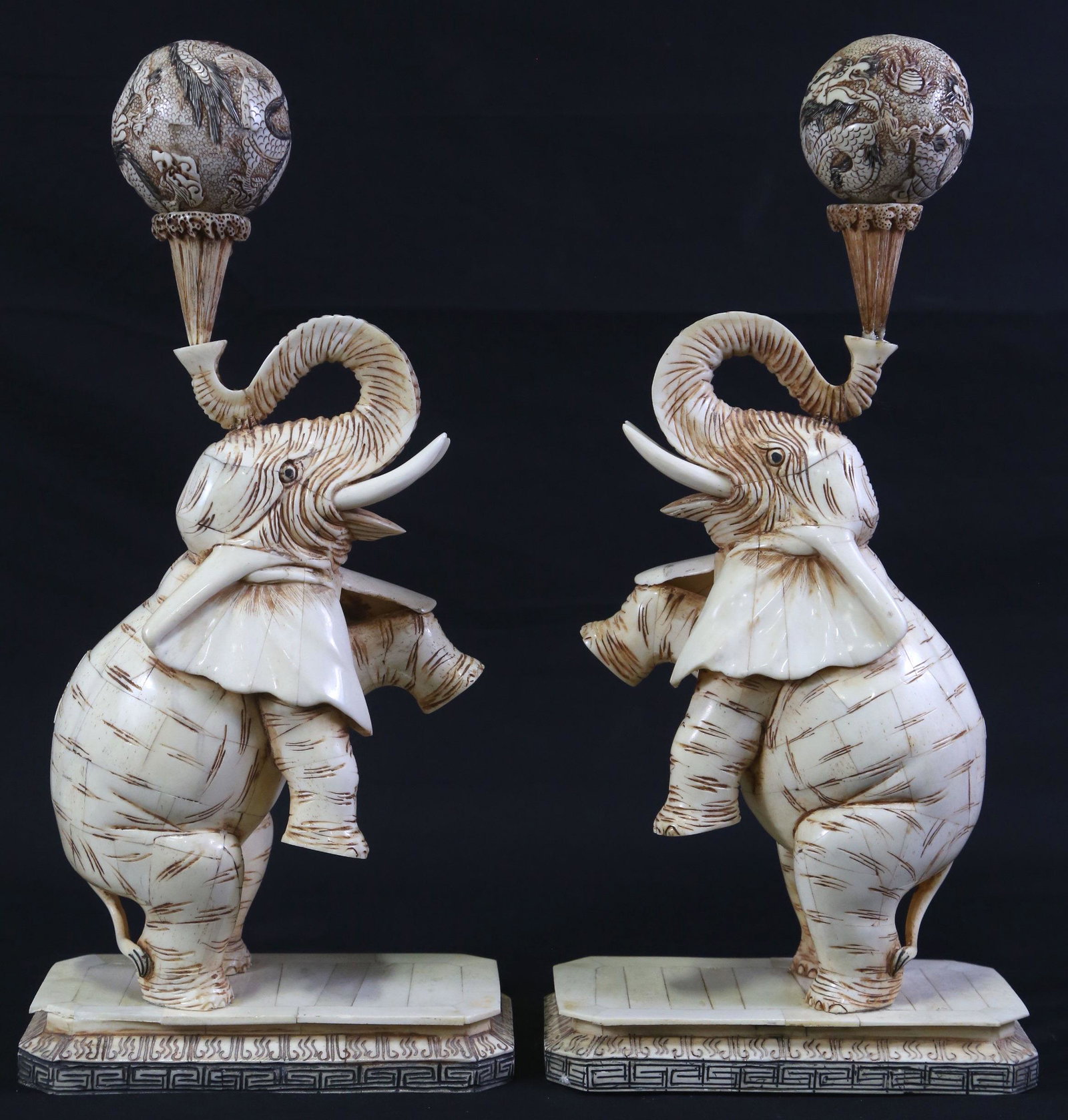PAIR OF CARVED BONE/TILE ELEPHANTS: PAIR OF CARVED BONE/TILE ELEPHANTS Height: 17 in. by Width: 4.5 in. by Depth: 8