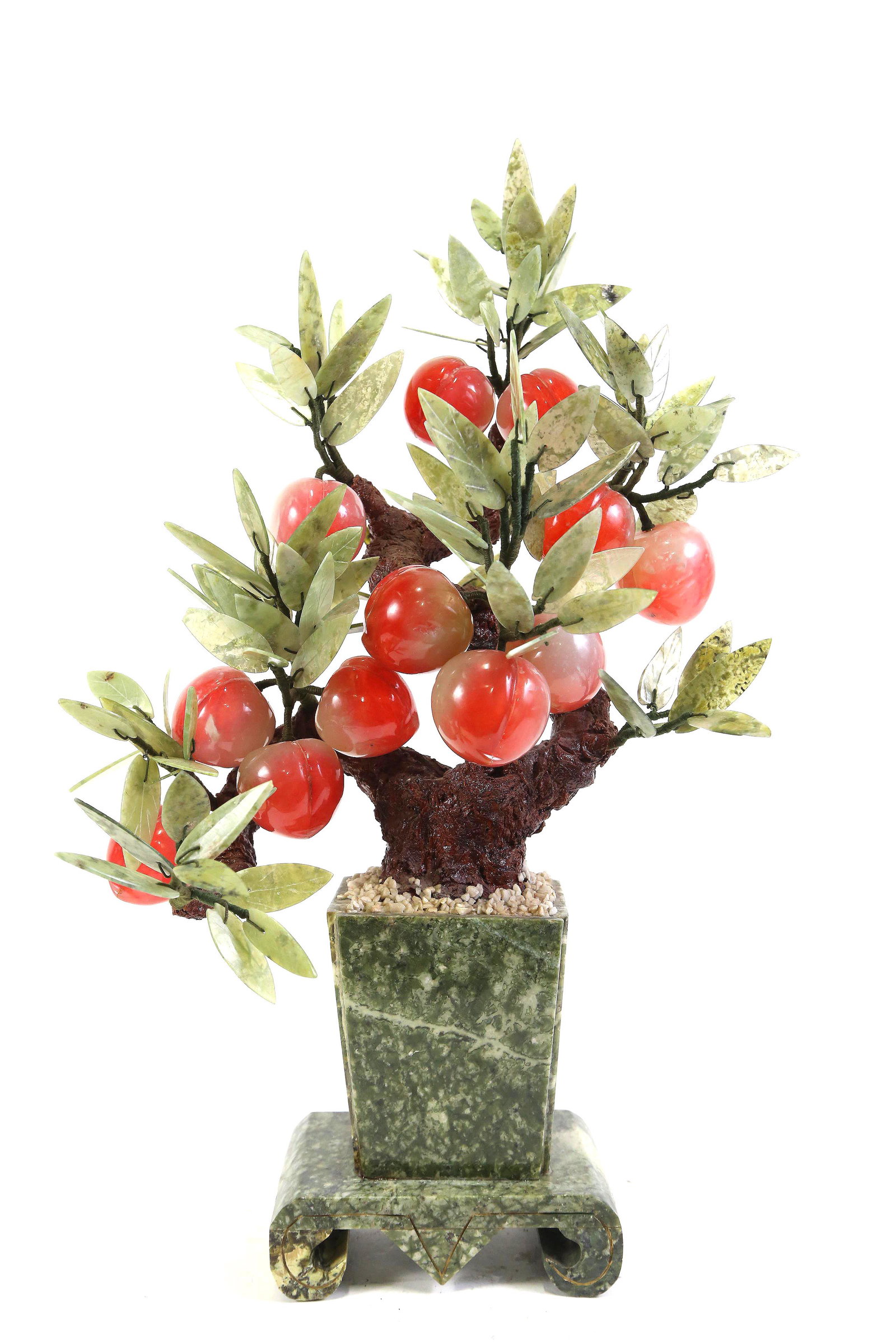 QUARTZ AND JADEITE TREE ON SERPENTINE BASE: QUARTZ AND JADEITE TREE ON SERPENTINE BASE. Height: 22 in. by Width: 15 in. by Depth: 12