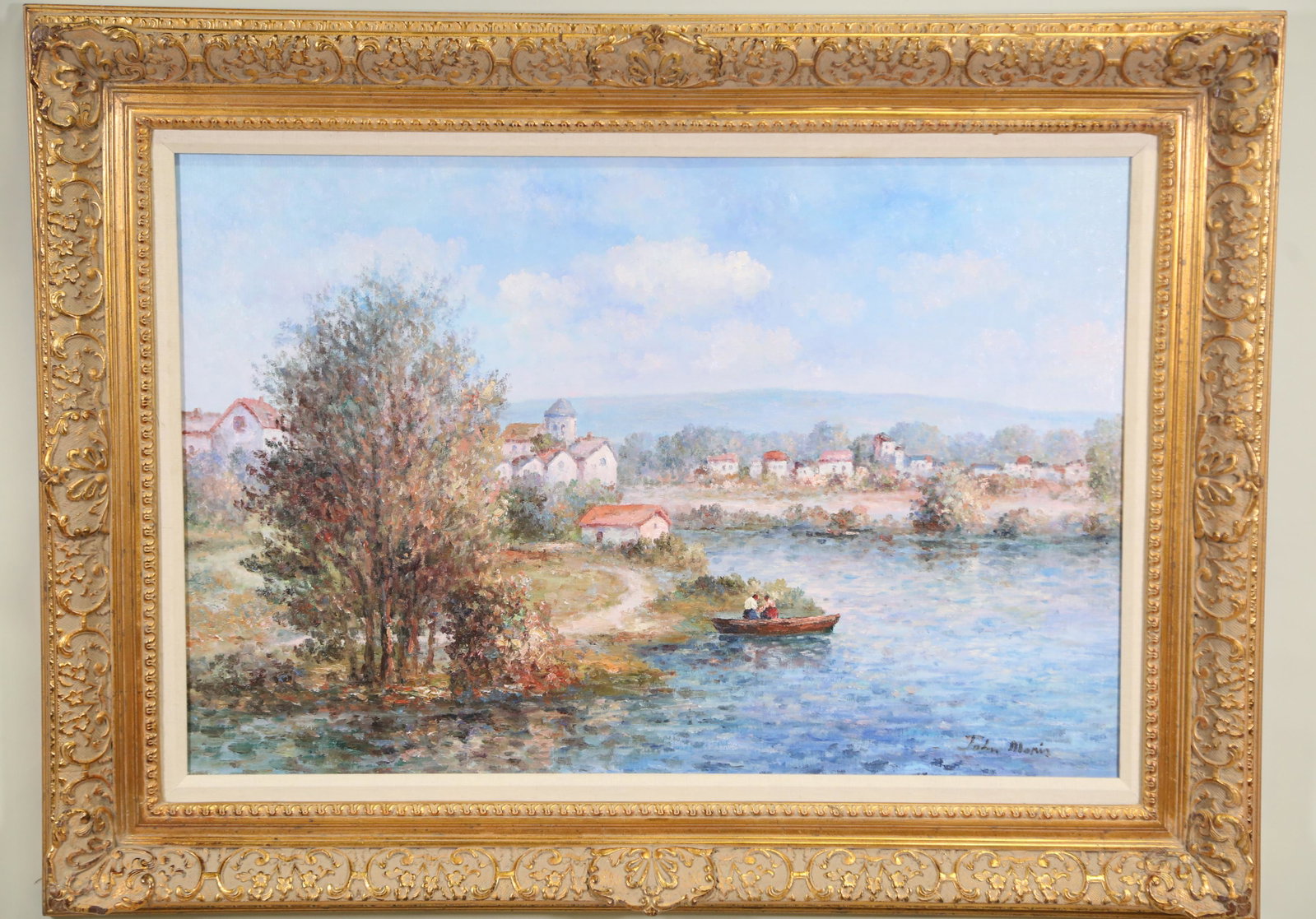 JOHN MORIN RIVER LANDSCAPE ACRYLIC ON CANVAS: JOHN MORIN RIVER LANDSCAPE ACRYLIC ON CANVAS IN GILDED FRAME. Height: 34 in. by Width: 46