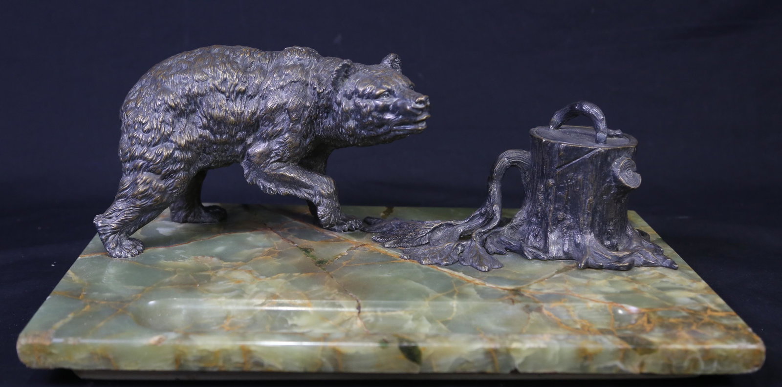 BRONZE BEAR AND TREE INK WELL ON A ONYX BASE: BRONZE BEAR AND TREE INK WELL ON A ONYX BASE Height: 7 in. by Width: 17 in. by Depth: 10.5 in.