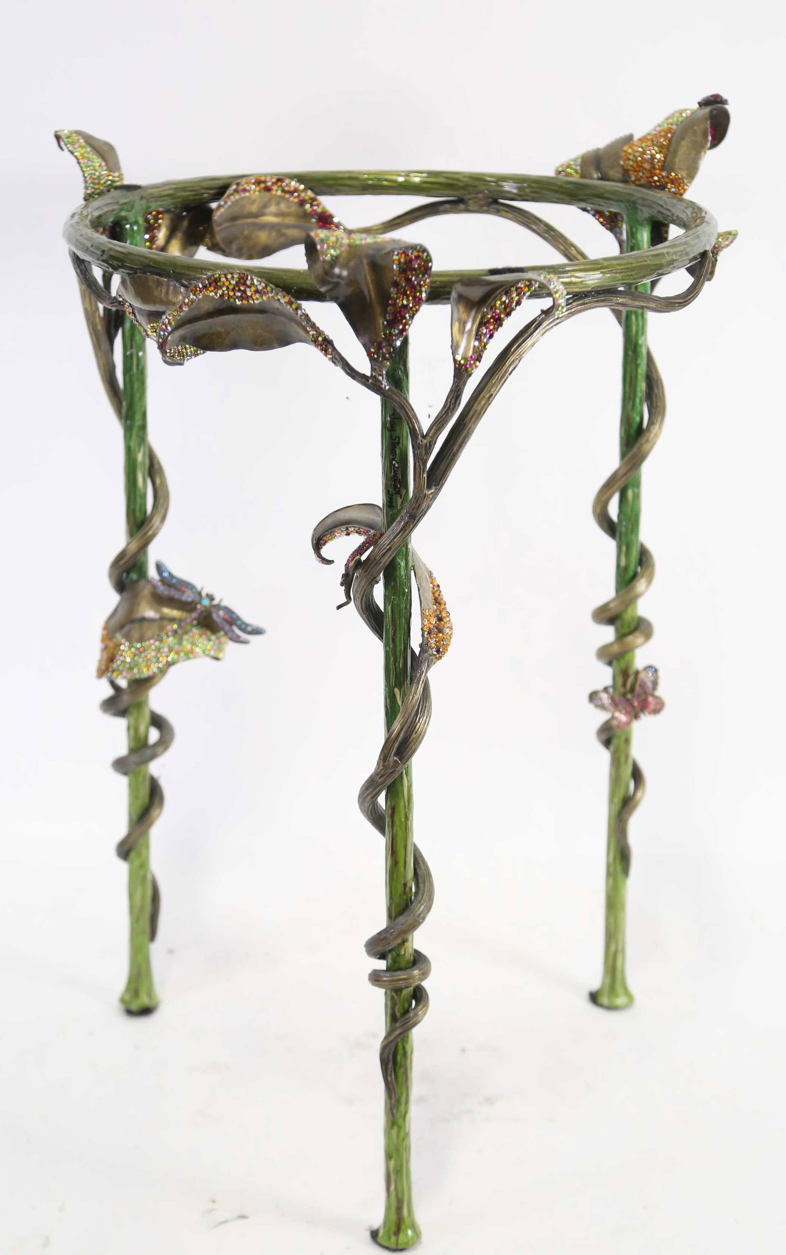JAY STRONGWATER END TABLE WITH GLASS.: JAY STRONGWATER END TABLE WITH GLASS. 25"h x 18"w.