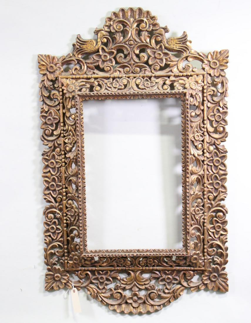ANTIQUE CUSCO CARVED & GILDED MIRROR FRAME: ANTIQUE CUSCO CARVED & GILDED MIRROR FRAME - FRAME ONLY Height: 46 in. by Width: 29