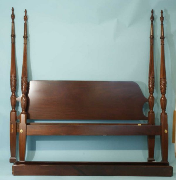 KING SIZE FOUR POSTER BED BY COUNCIL CRAFTSMEN: KING SIZE MAHOGANY FOUR POSTER BED BY COUNCIL CRAFTSMEN. Height: 88 in. by Width: 82 in. by Depth: 84 in.