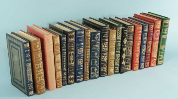 20 FRANKLIN LIBARY LEATHERBOUND HAND TOOLED BOOKS: 20 LEATHERBOUND HAND TOOLED BOOKS TITLED: STORIES BY KATHERINE ANNE PORKER, ARROWSMITH, THOMAS MANN, FYOROR DOSTOEVSKY, LEO TOLSTOY, THE YEARLING, THE EDGE OF SADNESS, DAPHNE DU MAURIER, JONATHAN SWIF