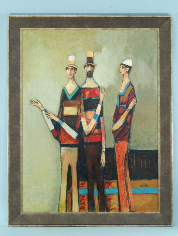 DAVID ADICKES OIL ON PANEL OF THREE MALE FIGURES: DAVID ADICKES FRAMED OIL ON PANEL OF THREE STANDING MALE FIGURES. SIGNED LOWER RIGHT. Height: 40 in. by Width: 30 in.