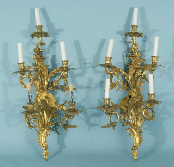 PAIR OF FRENCH GILT BRONZE FIVE-LIGHT SCONCES