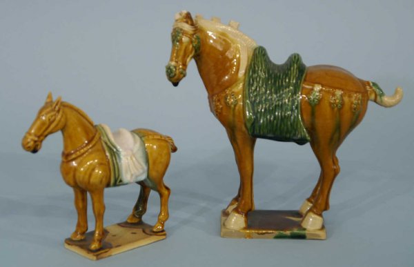 TWO BROWN AND GREEN MAJOLICA HORSE STATUETTES - 2
