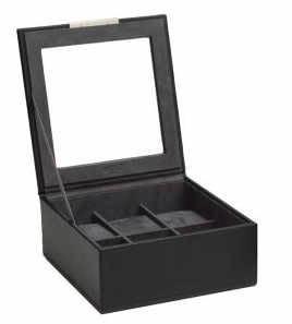 WOLF STACKABLE SIX WATCH TRAY WITH LID: NEW IN BOX - WOLF SIX WATCH STACKABLE CASE - BLACK LEATHER INCLUDES 6 WATCH COMPARTMENTS, GLASS LID, & ULTRASUDE LININGSIZE: 7.25" L X 7" W X 3" H