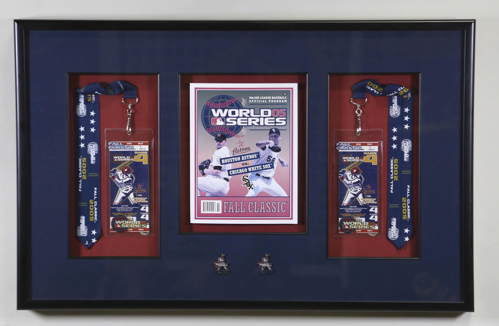 2005 WORLD SERIES ASTROS IN SHADOW BOX FRAME: 2005 WORLD SERIES ASTROS VS WHITE SOX MEMORABILIA IN SHADOW BOX FRAME. Height: 29.5 by Width: 23.5