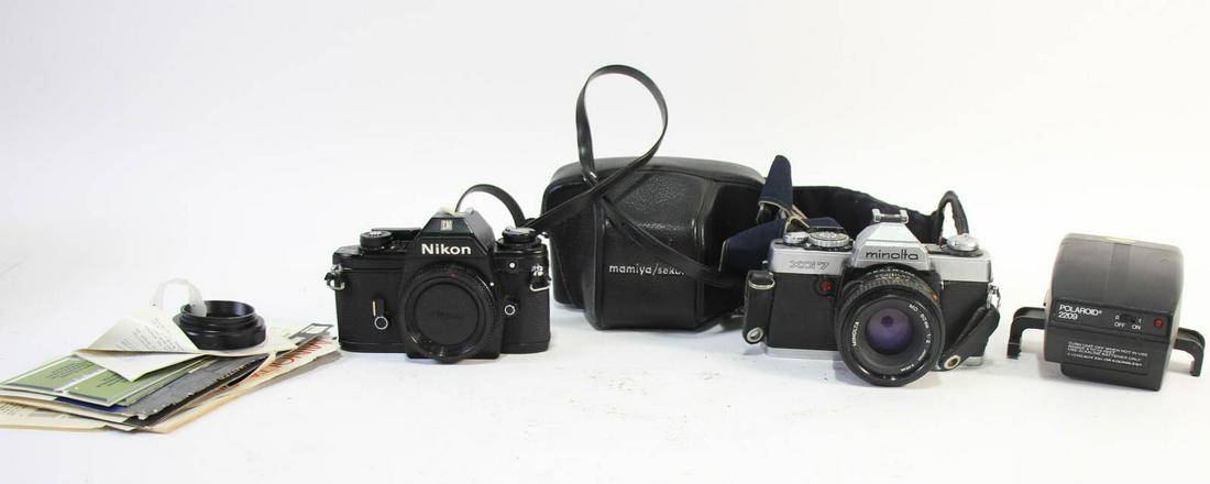 MIXED LOT OF VINTAGE CAMERAS: MIXED LOT OF VINTAGE CAMERAS - NIKON, MINOLTA, MAMIYA/SEKOR, & POLAROID FLASH ONLY.