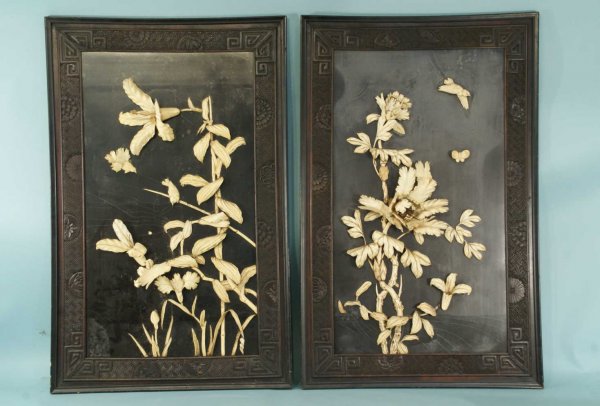 FRAMED JAPANESE CARVED IVORY FLORALS, CIRCA 1850's: PAIR OF FRAMED JAPANESE CARVED IVORY FLORALS. CIRCA 1850's. Height: 38 in. by Width: 21 in.