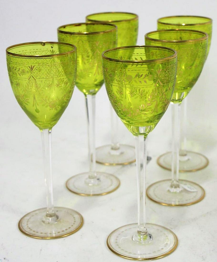 LOT OF SIX GREEN CUT TO CLEAR WINE GOBLETS: LOT OF SIX GREEN CUT TO CLEAR WINE GOBLETS. Height: 7.5. in. by Width: 2.75 in.