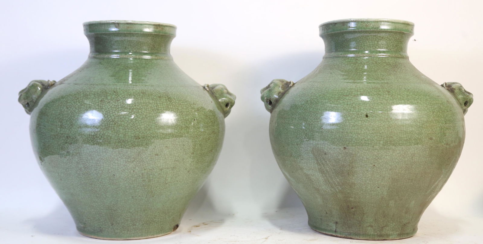 CRACKLE CELEDON DOUBLE LION HEAD HANDLE JAR (1 of 5)