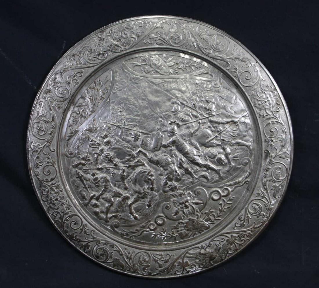 17th CENTURY BATTLE SILVER PLATED IRON CHARGER: 17th CENTURY BATTLE SILVER PLATED IRON CHARGER. Height: 1 in. by Width: 17 in.