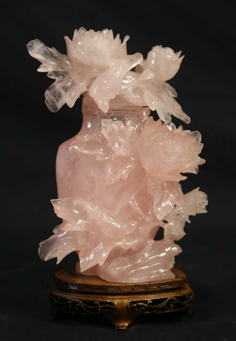CARVED ROSE QUARTS LIDDED VASE FLOWERS AND BIRDS (1 of 7)