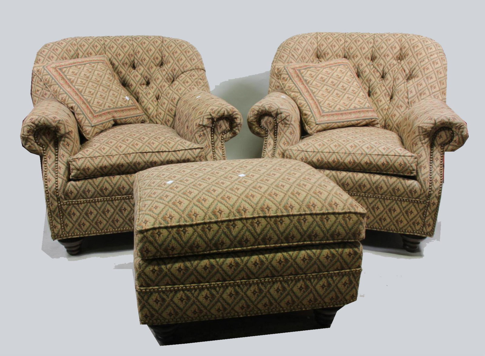 PAIR OF HANCOCK AND MOORE CLUB CHAIRS WITH OTTOMAN: PAIR OF HANCOCK AND MOORE CLUB CHAIRS WITH OTTOMAN. Height: 36 in. by Width: 36 in. by Depth: 24 in.