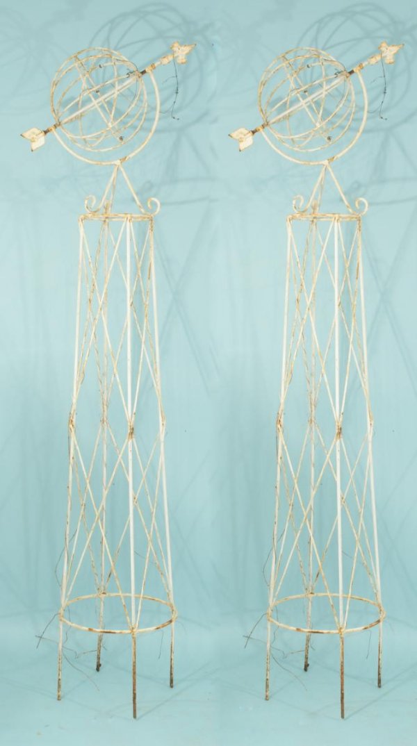 PAIR OF WROUGHT IRON TRELLIS OBELISKS: PAIR OF WROUGHT IRON GARDEN TRELLIS OBELISKS. Height: 80 in. by Width: 15 in. by Depth: 15 in.