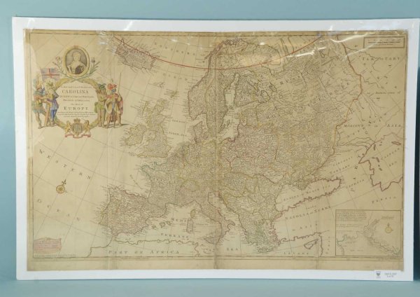 LOT OF TWO ANTIQUE MAPS OF EUROPE, CIRCA 1650's: LOT OF TWO ANTIQUE MAPS OF QUEEN CAROLINE EUROPE. CIRCA 1650's. Height: 24 and 20 in. by Width: 38 and 24 in.
