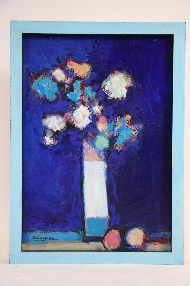 DAVID ADICKES FLOWERS VASE AGAINST BLUE PAINTING: DAVID ADICKES FLOWERS VASE AGAINST BLUE ACRYLIC ON PANEL PAINTING Height: 15 in. by Width: 11