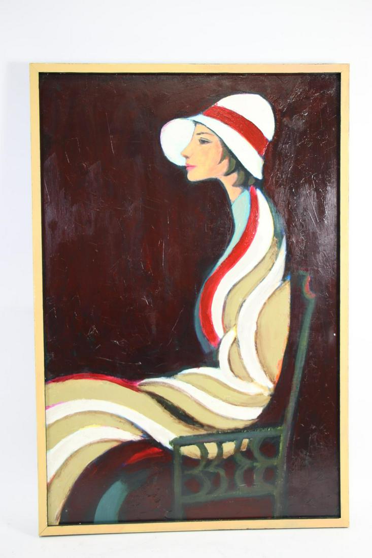 DAVID ADICKES LADY IN STRIPED DRESS PAINTING: DAVID ADICKES LADY IN STRIPED DRESS PAINTING Height: 41 in. by Width: 27.5
