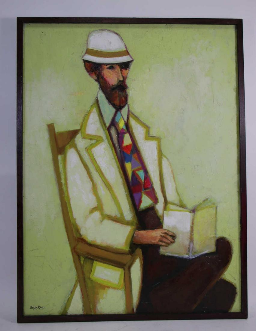 DAVID ADICKES MAN IN CHAIR OIL ON PANEL PAINTING: DAVID ADICKES MAN IN CHAIR OIL ON PANEL PAINTING Height: 41 in. by Width: 31