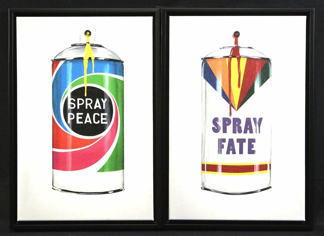 PAIR OF POP ART SPRAY CAN PAINTINGS: PAIR OF POP ART SPRAY CAN PAINTINGS. SPRAY PEACE SPRAY FATE Height: 19.5 in. by Width: 13.5 in.