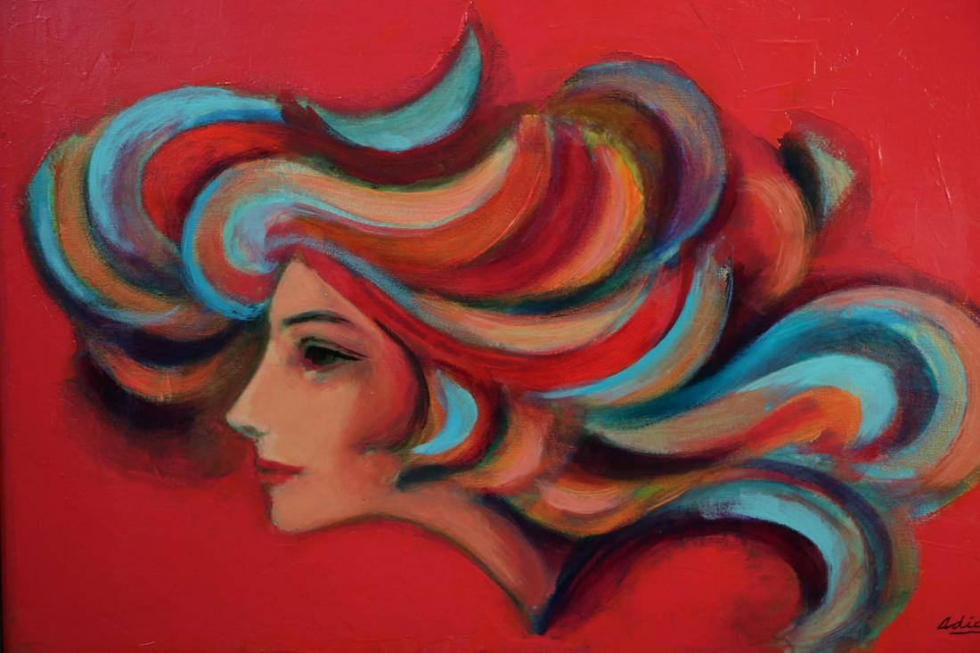 DAVID ADICKES WILD HAIR RED PAINTING: DAVID ADICKES WILD HAIR RED PAINTING Height: 22 in. by Width: 30